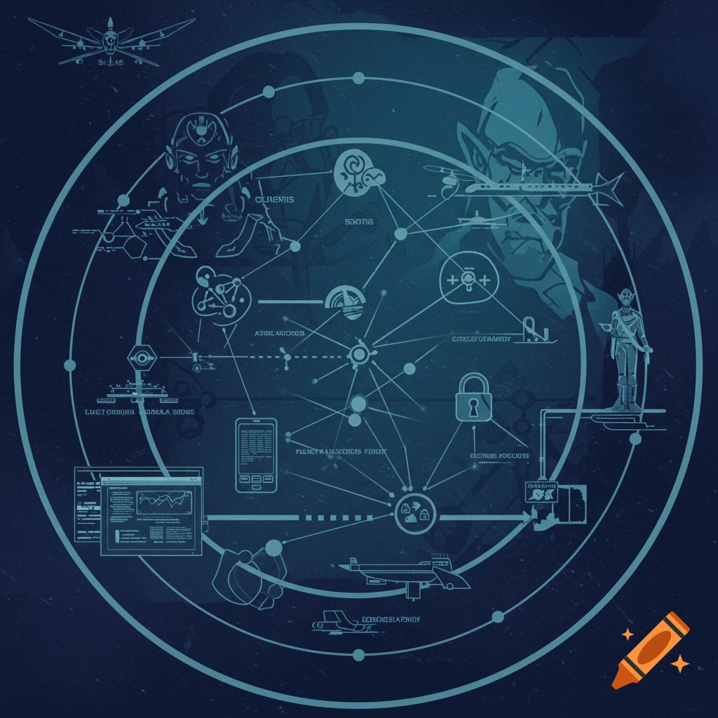 Sci-fi diagram showing interconnected nodes, figures, screens, and vehicles in blue tones.