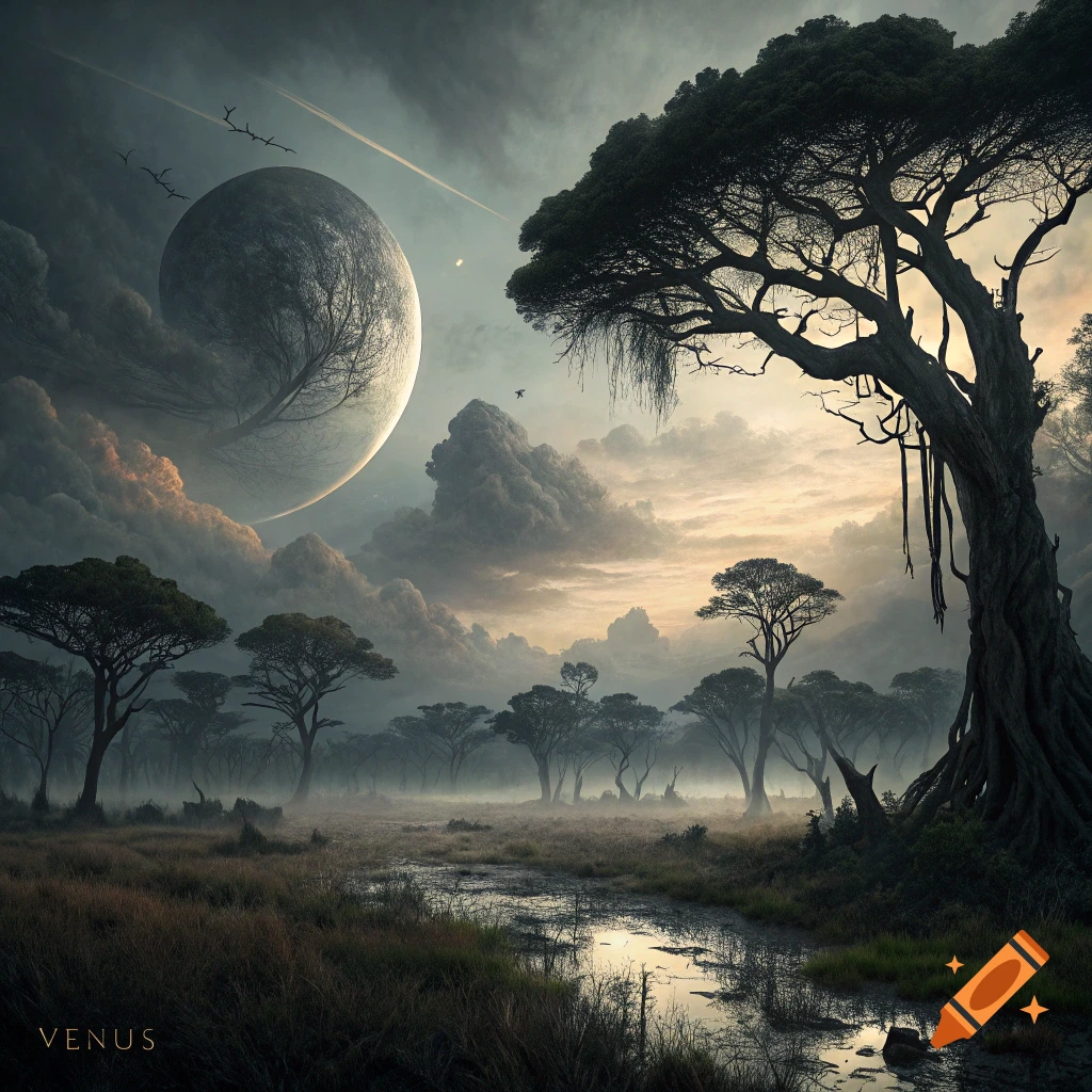 Fantastical landscape with alien trees, misty river, clouds, birds, and a large planet in the sky.