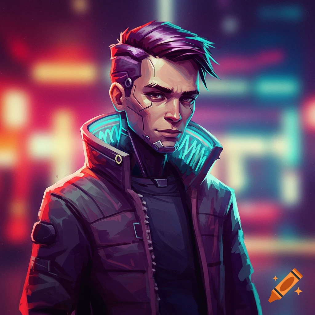 Painting of a person with cybernetic implants wearing a glowing jacket against a blurry city background.