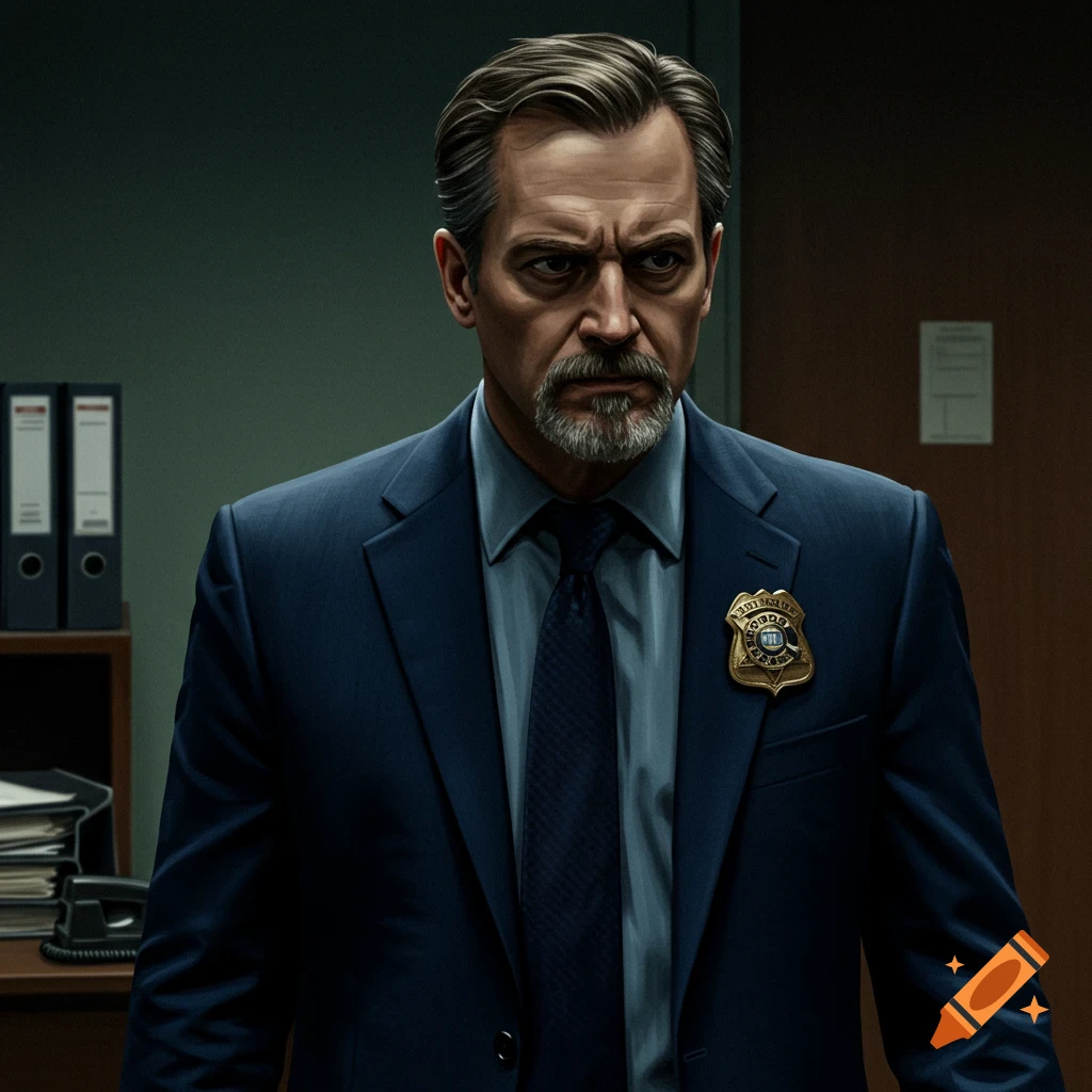 A federal agent in a suit with an intense expression, wearing a badge in an office.