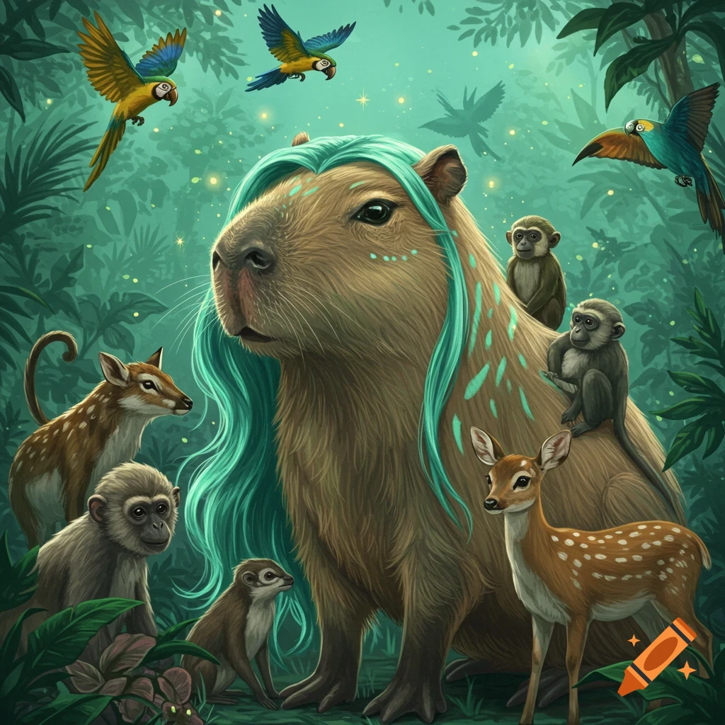 A capybara with teal hair is surrounded by monkeys, deer, and parrots in a jungle.