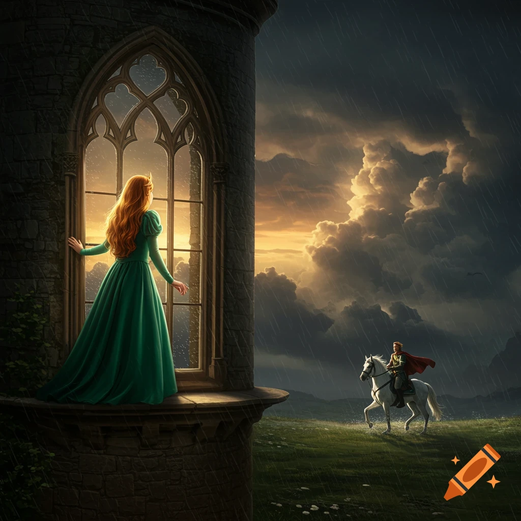 Fantasy image of a princess looking from a tower window at a prince riding through a stormy landscape.