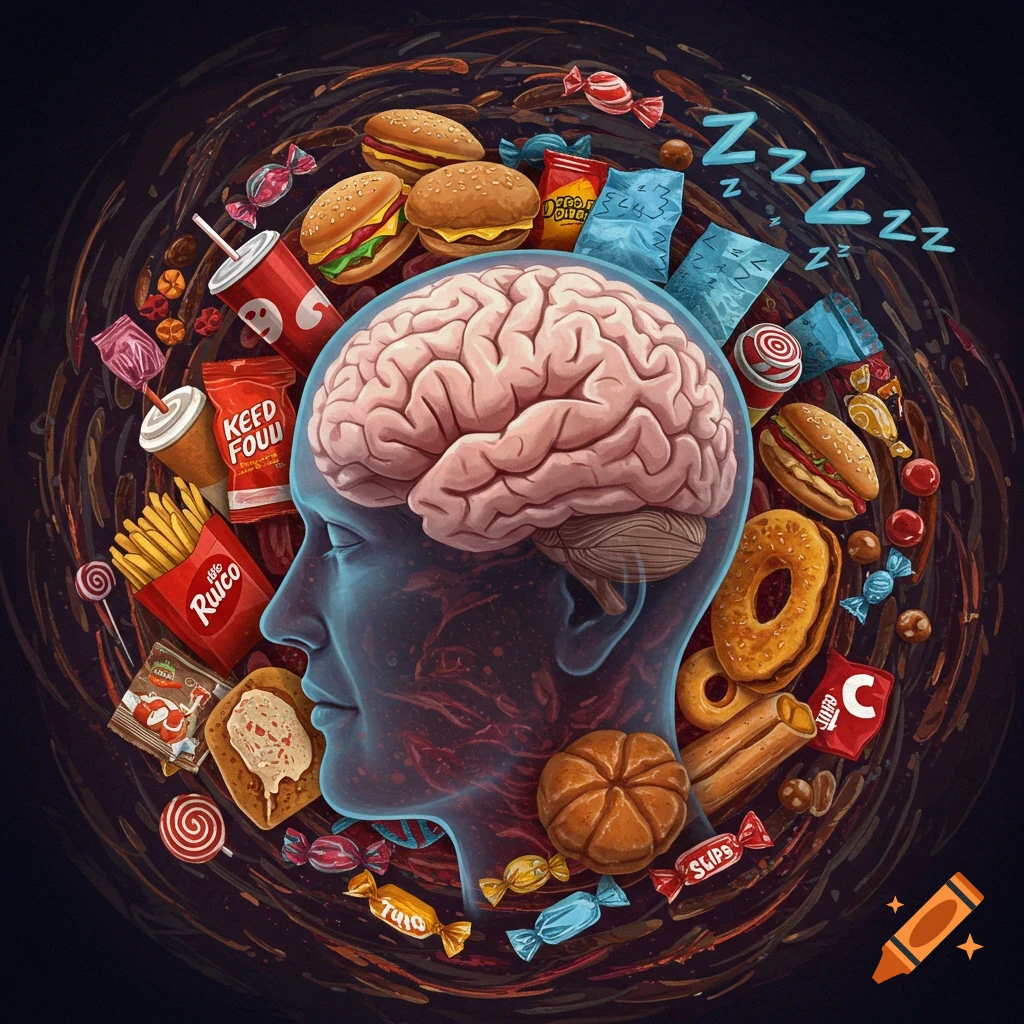 A head with a brain is surrounded by junk food and sleep symbols.