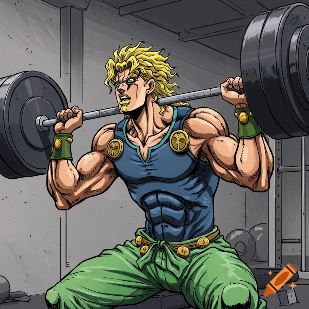 Anime-style character lifting weights in a gym.