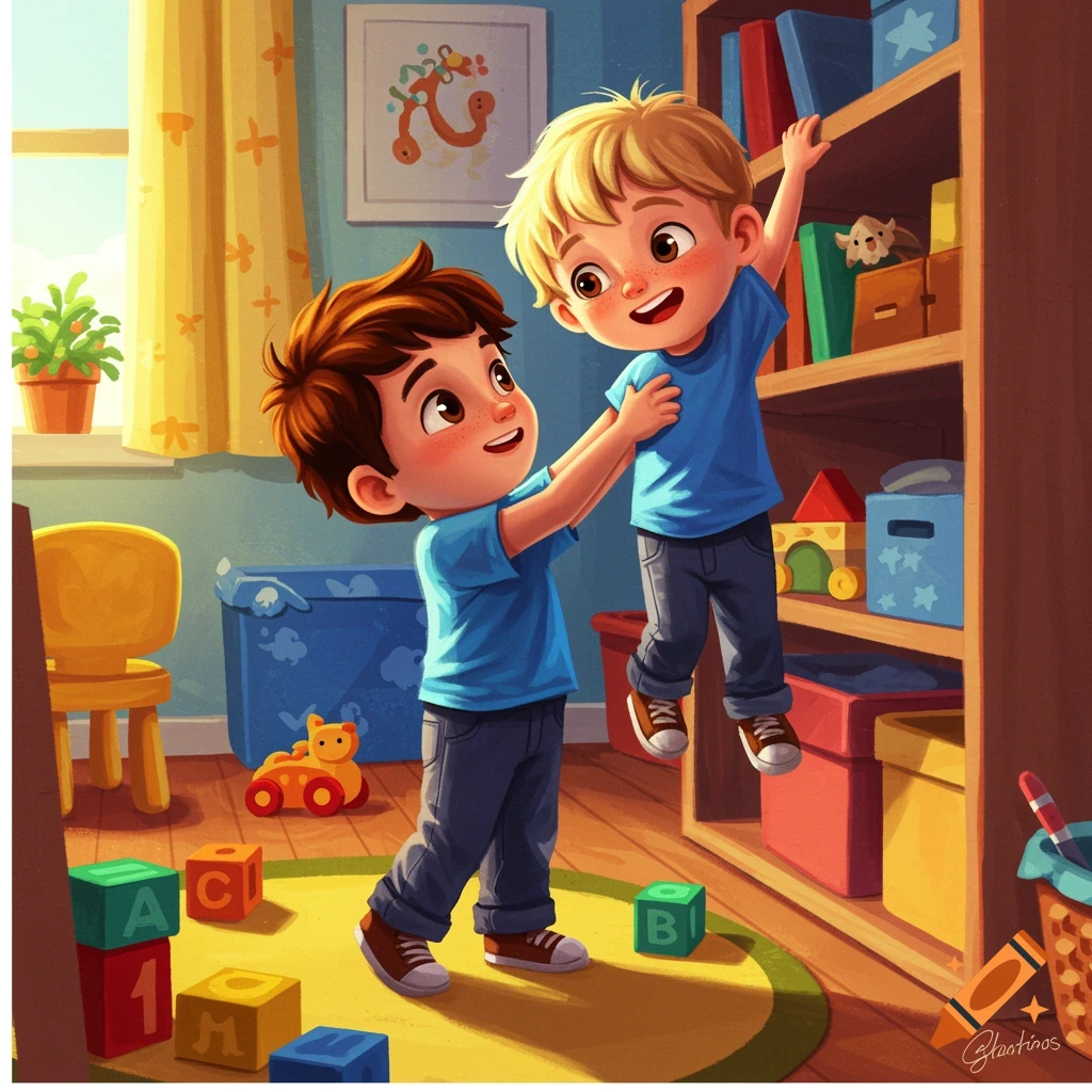 Two young boys helping each other reach a shelf in a colorful playroom filled with toys.