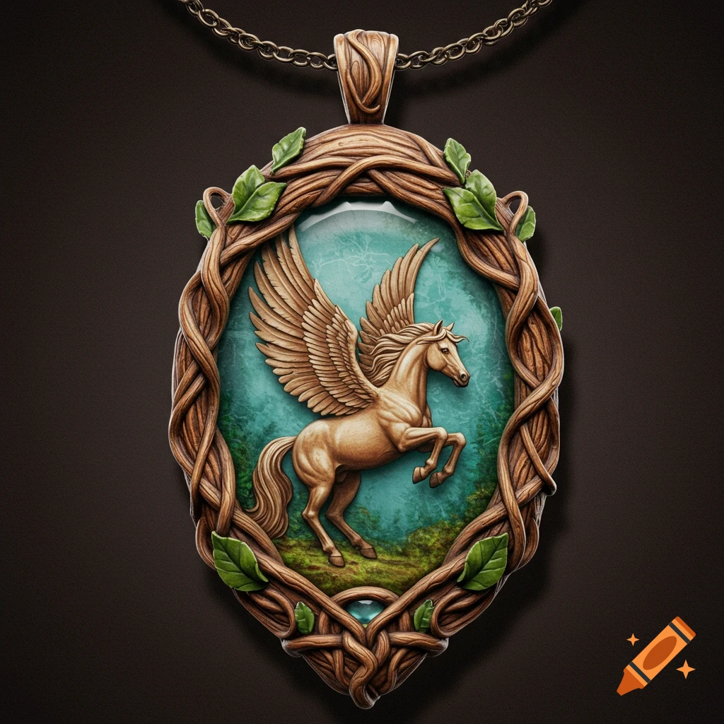 Fantasy amulet with a woven wood frame featuring a relief of a Pegasus on a blue background.