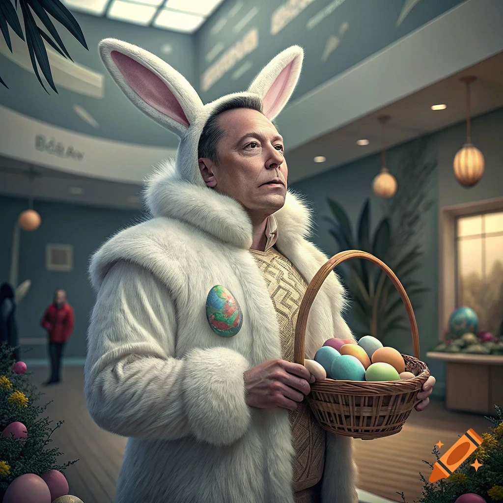 Photorealistic portrait of Elon Musk dressed as the Easter Bunny holding a basket of eggs indoors.