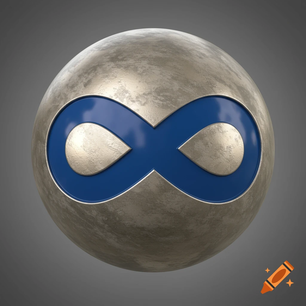 A textured metallic sphere with a blue infinity symbol