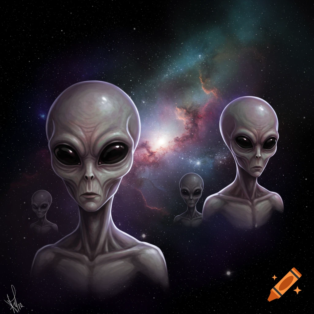 Several grey aliens with large black eyes in a colorful space background.