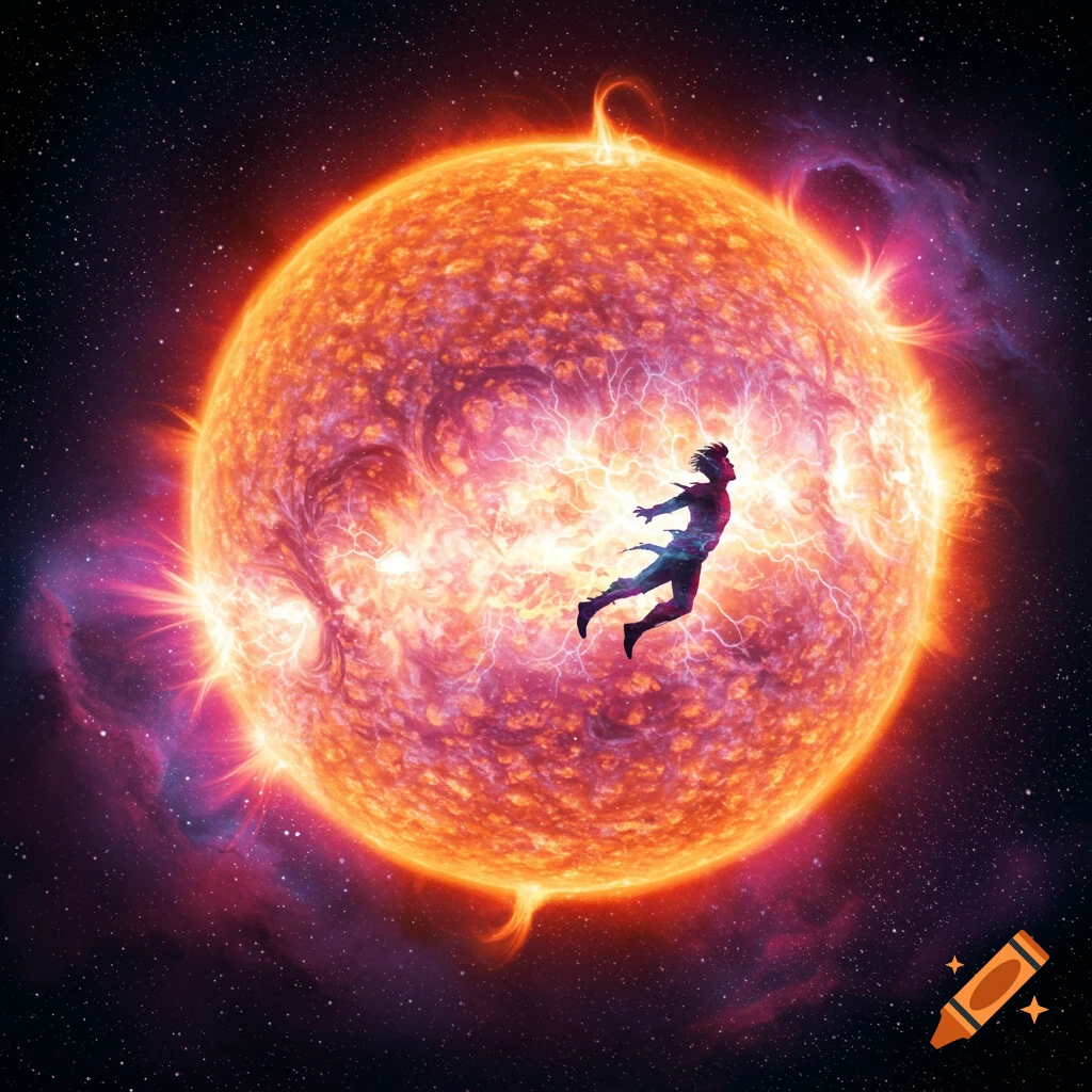 A silhouette figure is propelled from a giant, vibrant sun in space, surrounded by stars and nebulae.