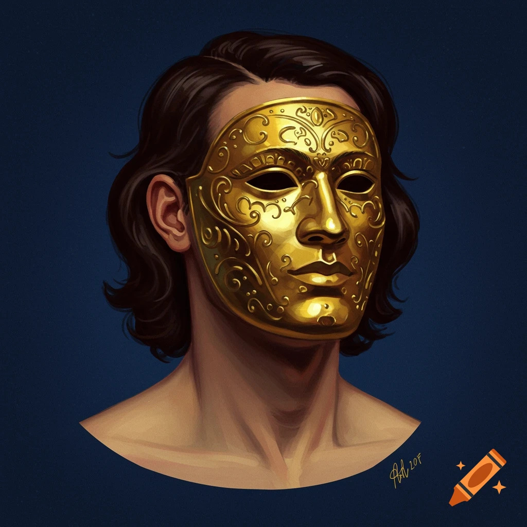A person wearing a full face golden mask