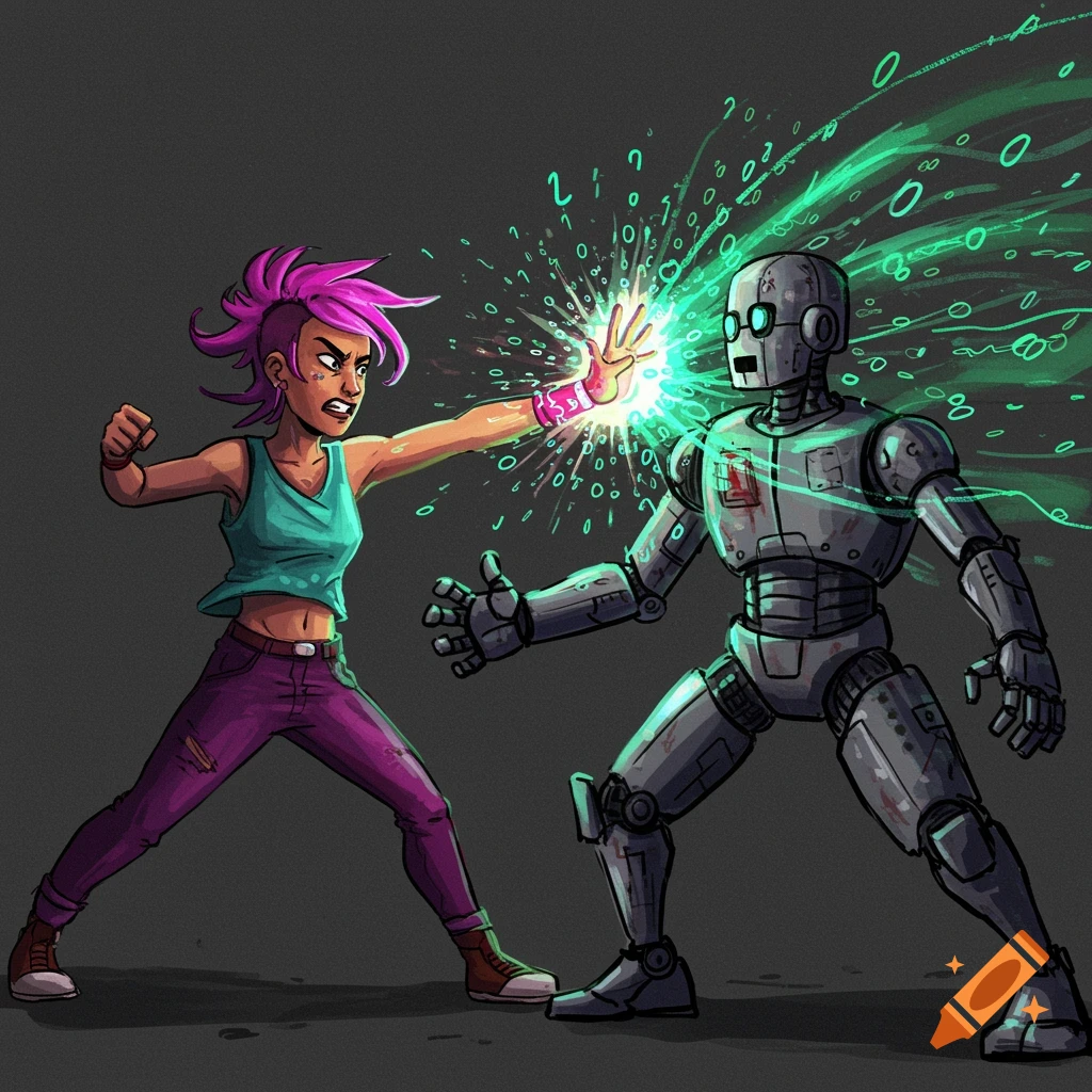 A woman with pink hair fighting a robot with glowing energy from her hand.