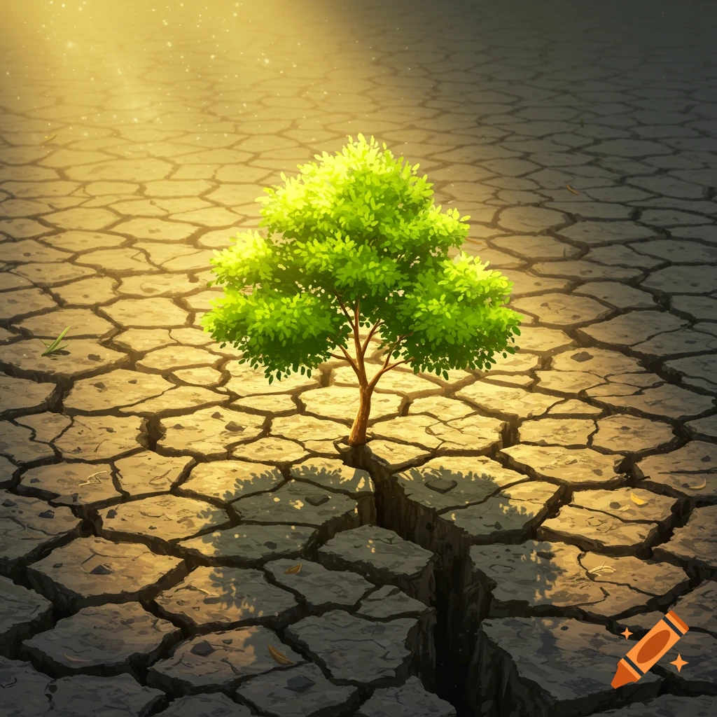 A bright green tree grows from a deep crack in dry, parched earth under golden sunlight.