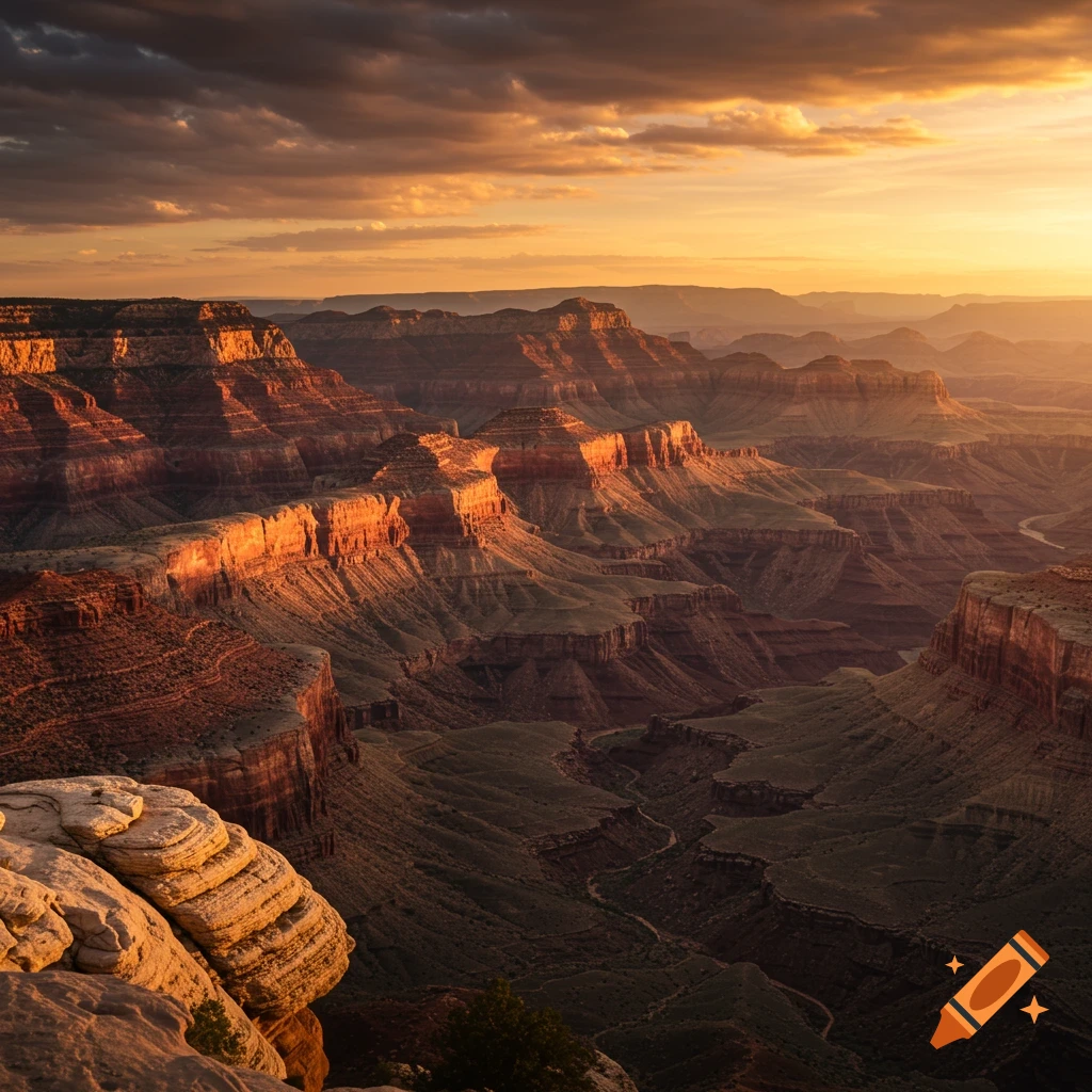 Canyon landscape at sunset with dramatic lighting and clouds.