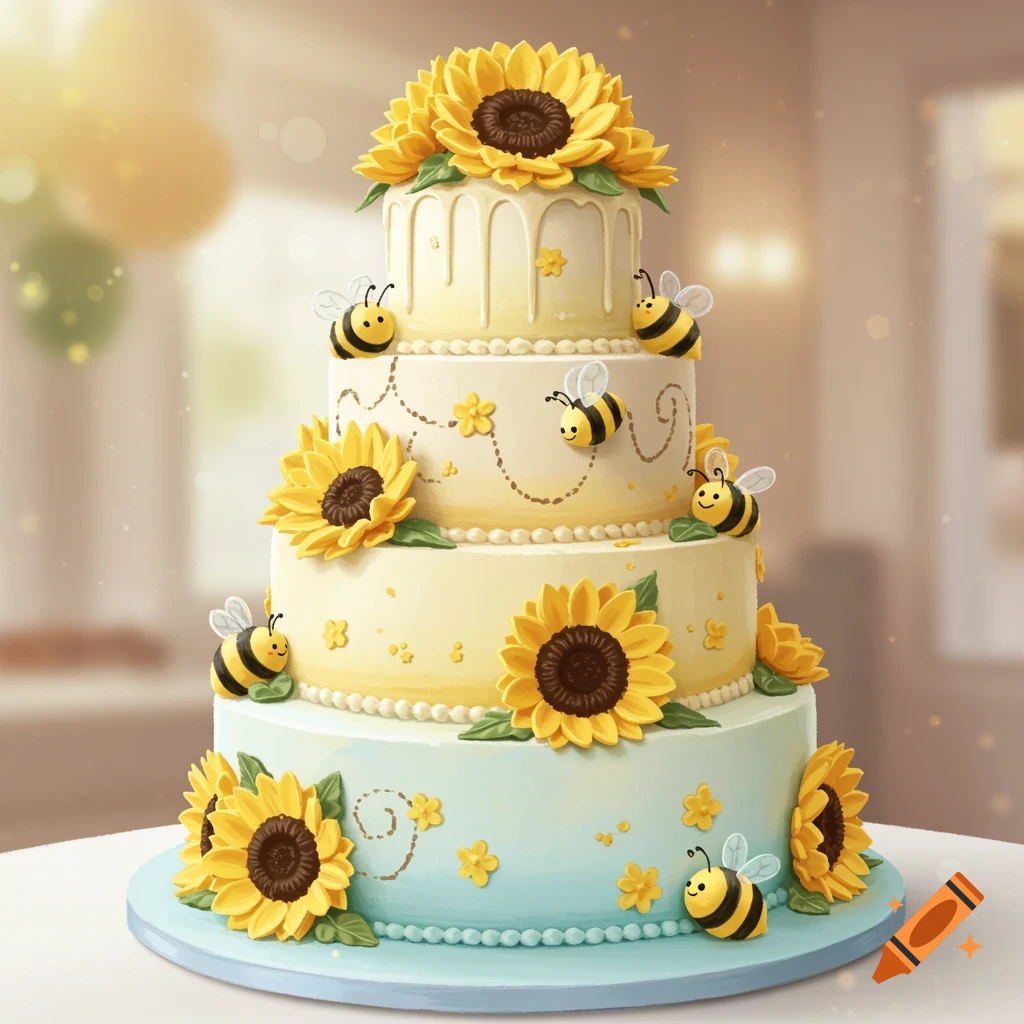Tiered baby shower cake decorated with sunflowers and bumblebees.