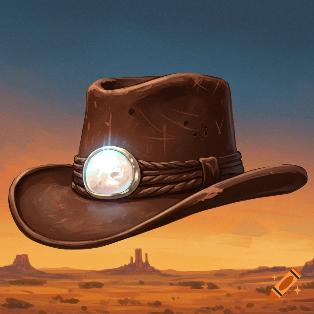 A vintage brown western hat with a luminous white stone against a desert landscape.