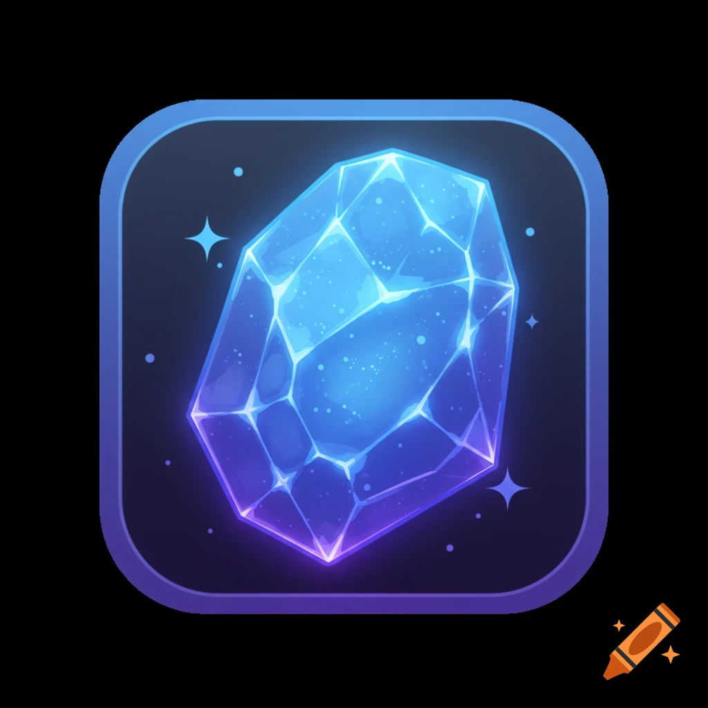 A stylized glowing blue crystal icon with a purple border.
