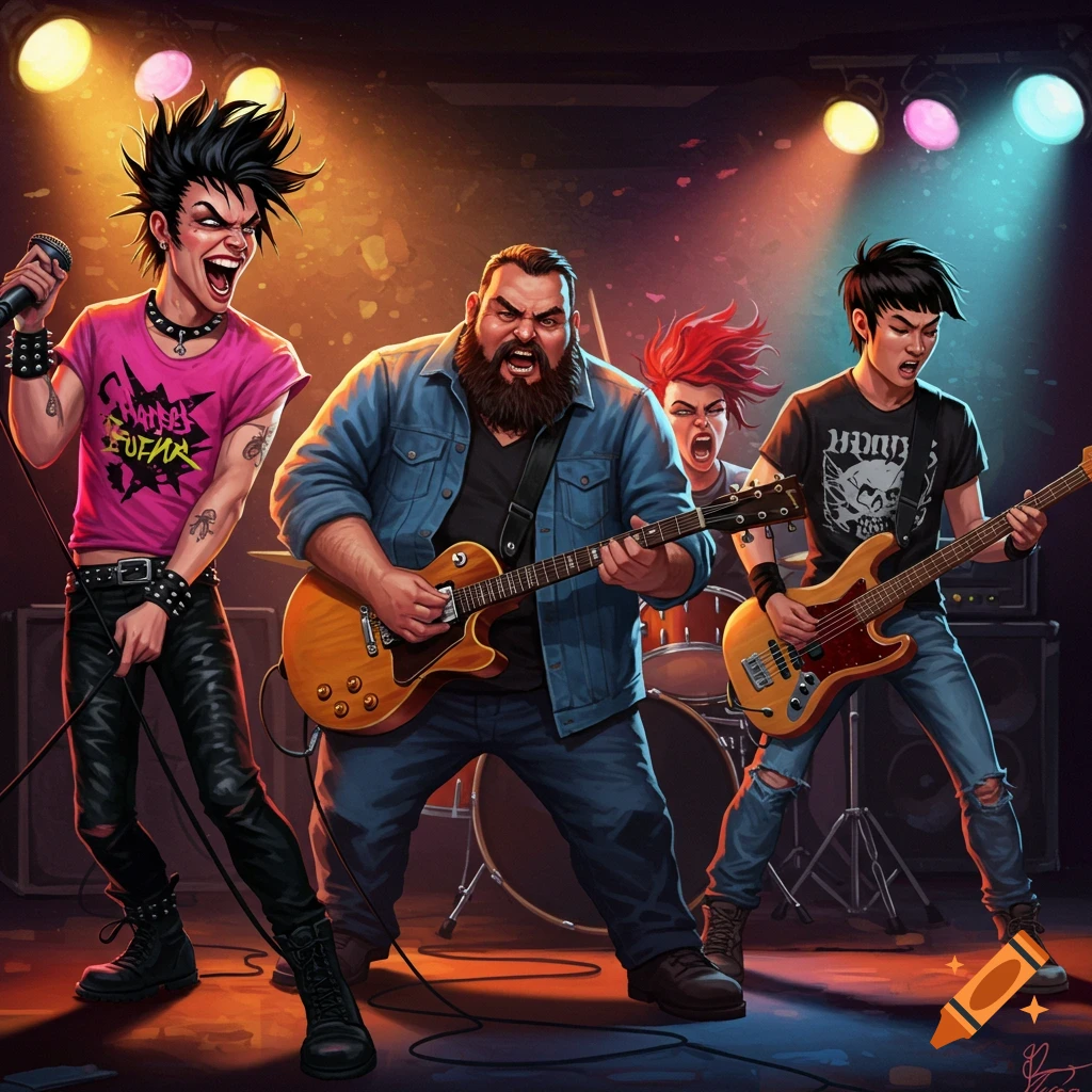 A four-person punk rock band playing on stage under spotlights.