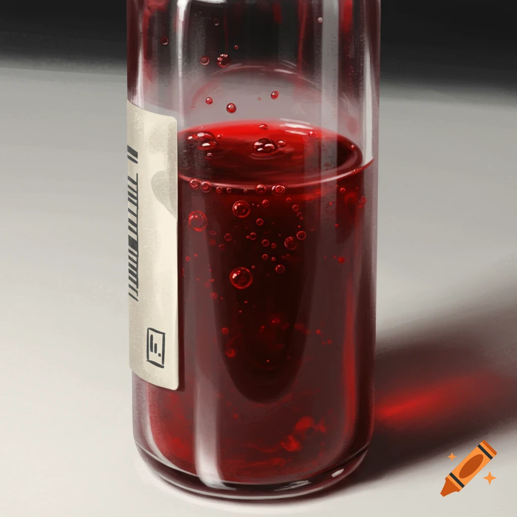 Close-up of a glass vial filled with red liquid and bubbles, with a label on the side.