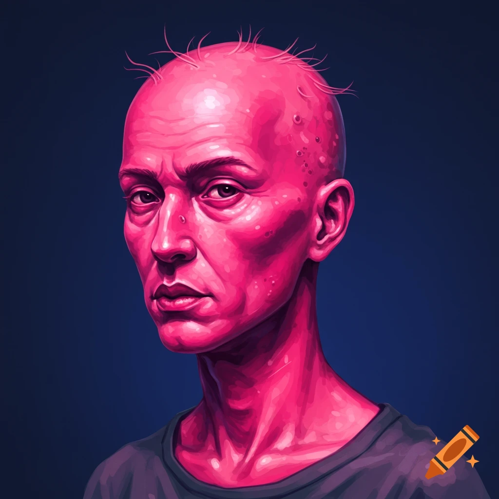 Portrait of a balding person with pink skin.