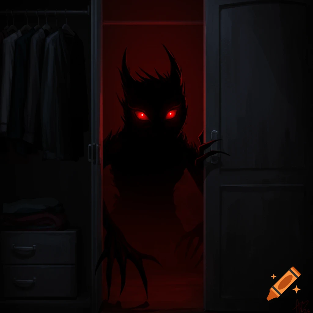 A black monster with red eyes peers from a dark closet.