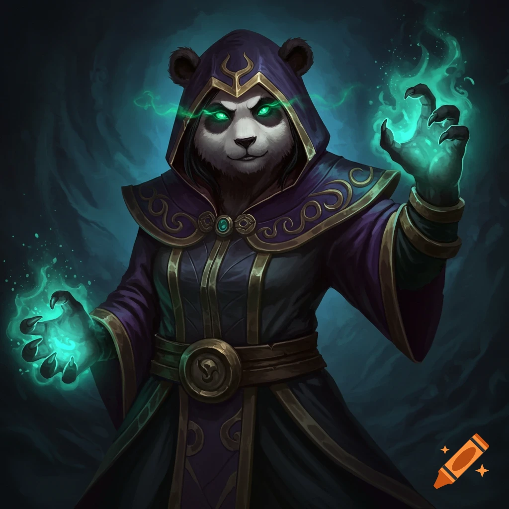 A hooded panda character casting green magic.