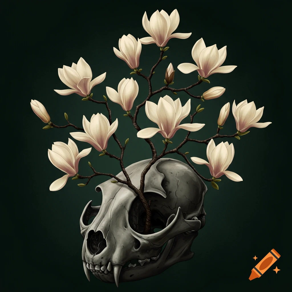 A cat skull with magnolia flowers and branches growing from it on a dark background.