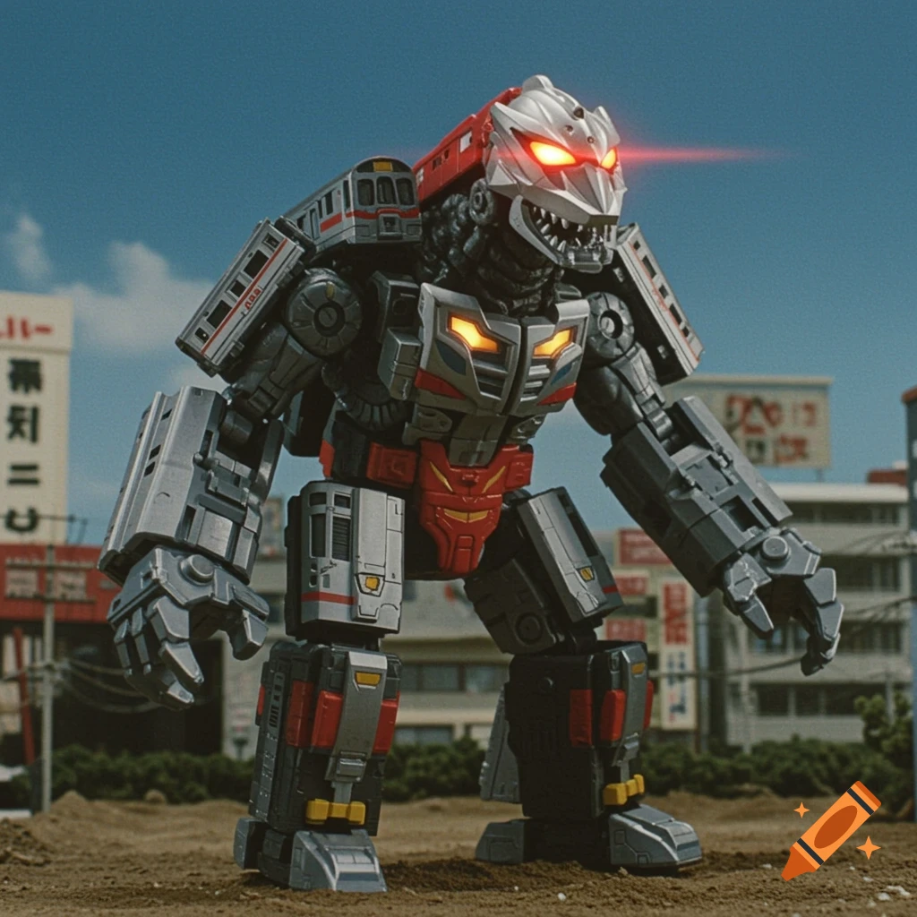 A toy robot monster made of train cars stands in a city.