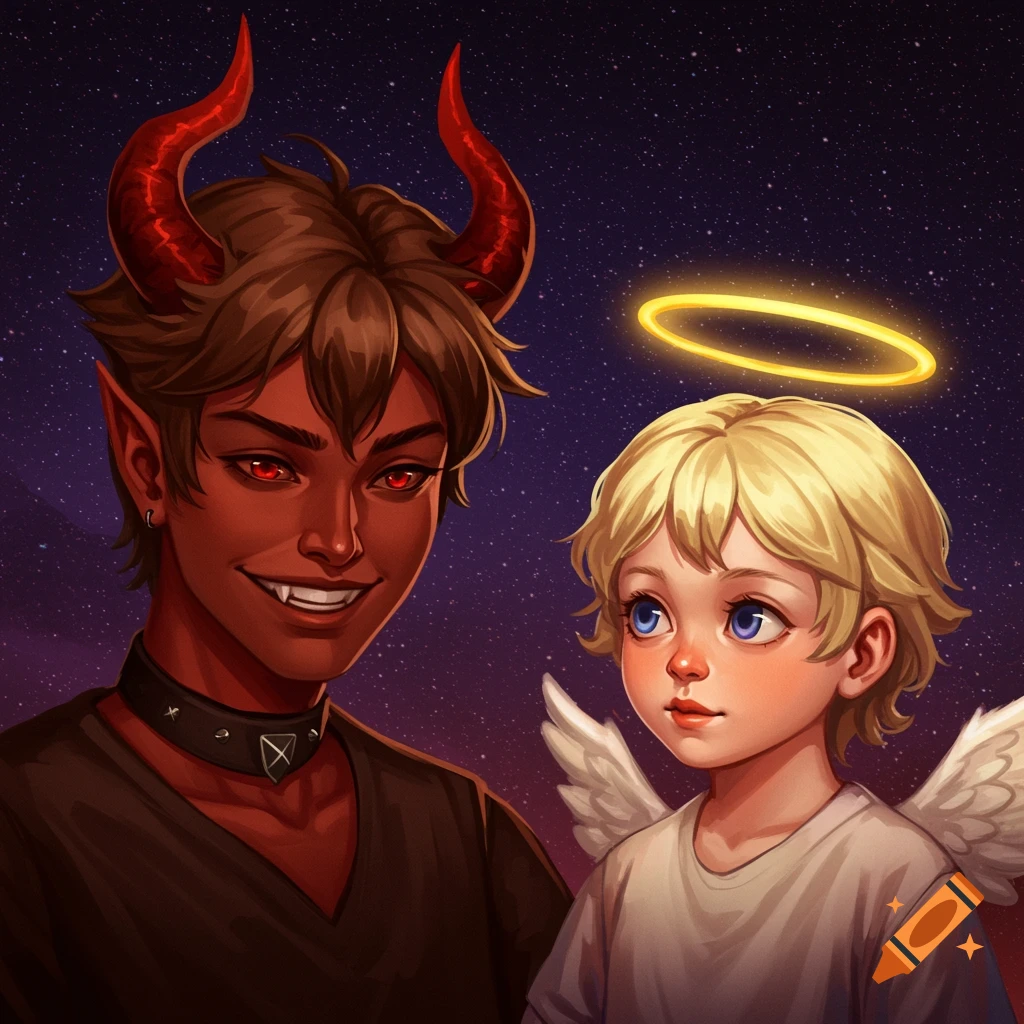 A fantasy image of a devil-like figure with red horns and a child angel with a halo and wings against a starry sky.