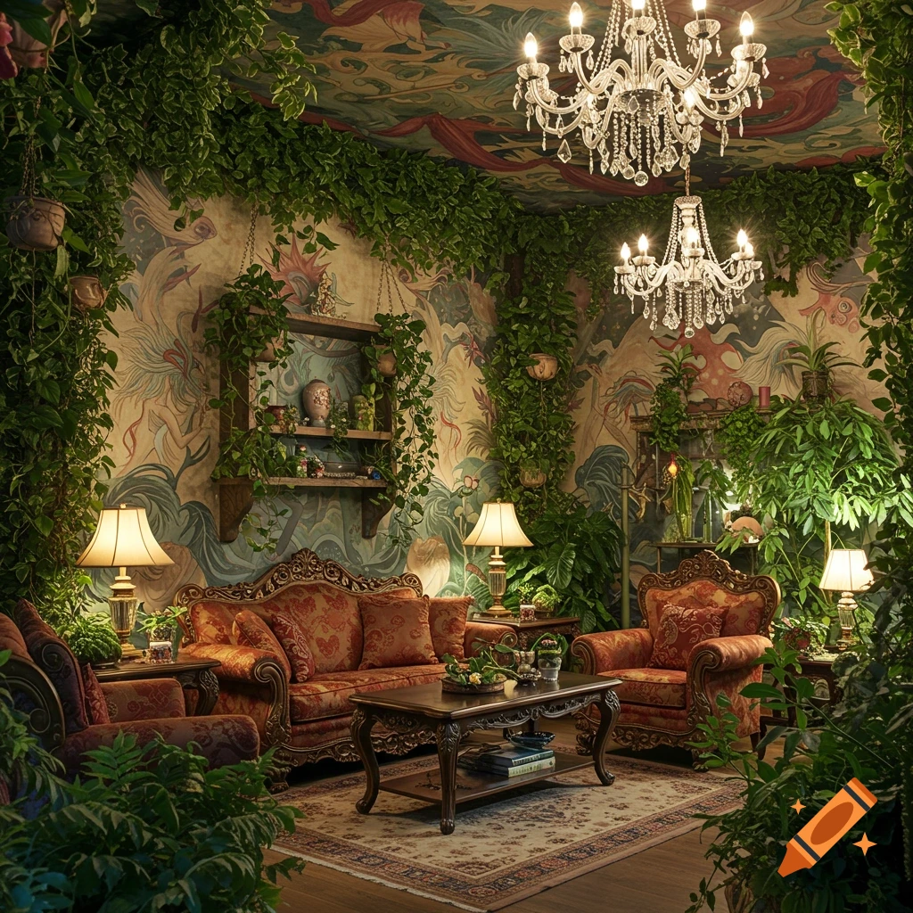 Lush living room with ornate furniture, plants, patterned walls and ceiling, and chandeliers.