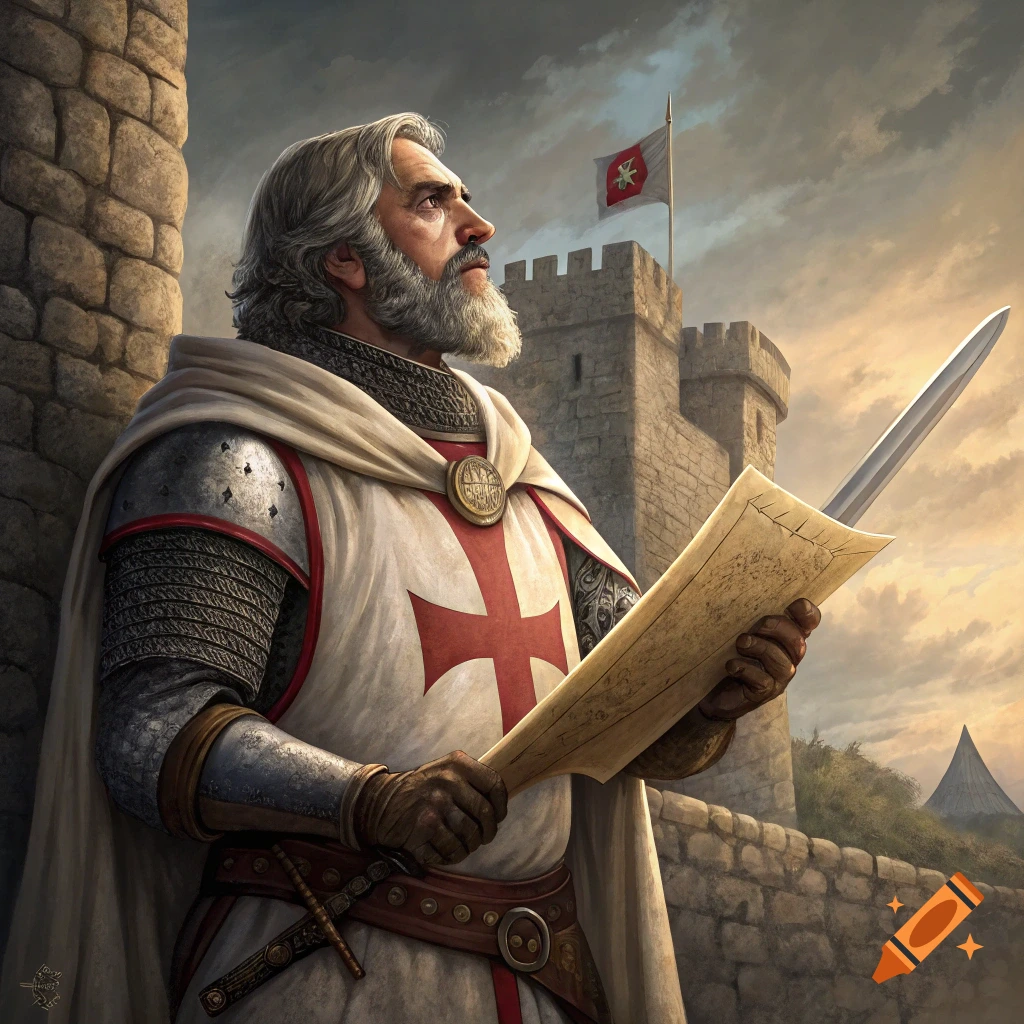 Portrait of an old knight in Crusader armor standing by a castle wall, looking up, holding a map and sword.