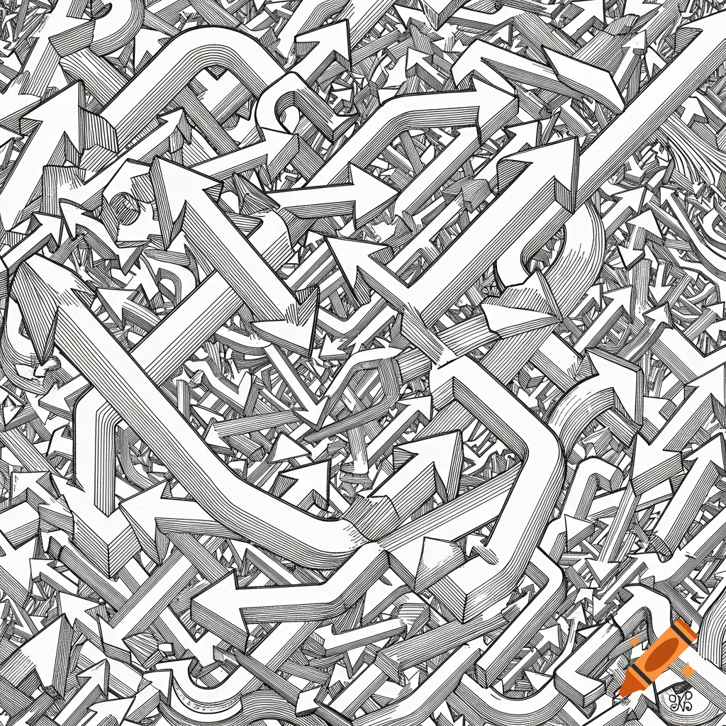 A detailed black and white line drawing of countless overlapping arrows pointing in many directions.