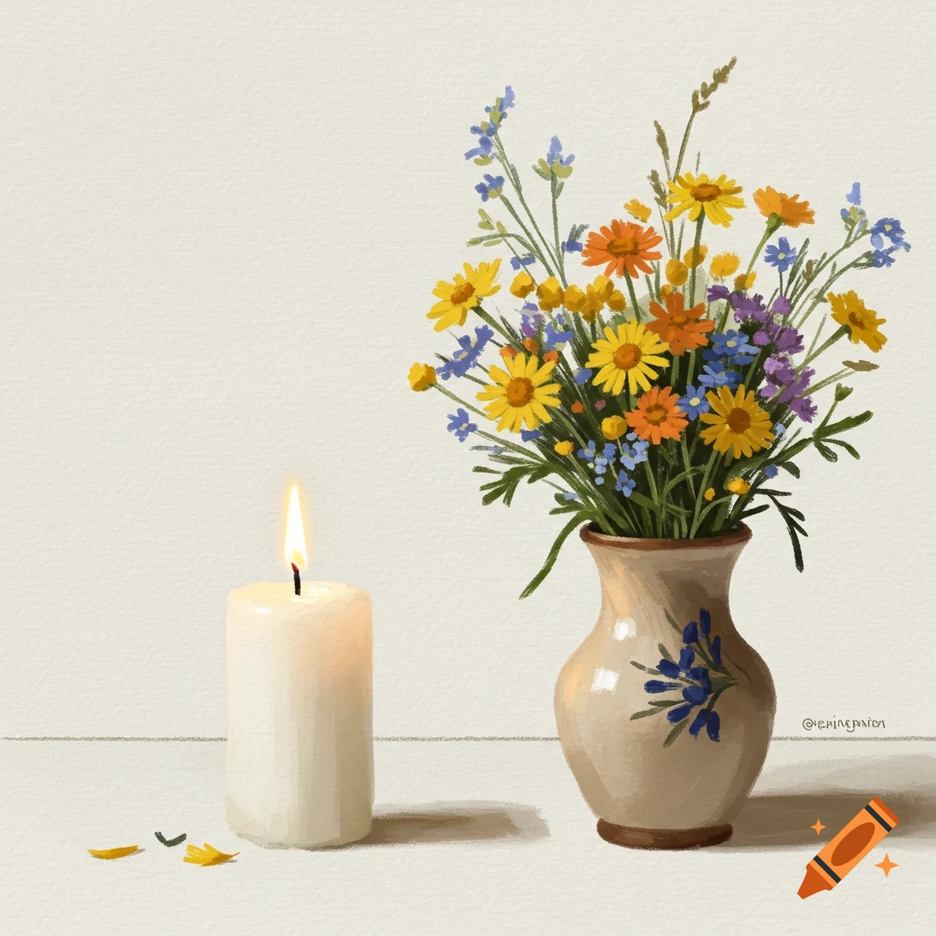 A lit candle is shown next to a vase of wildflowers.