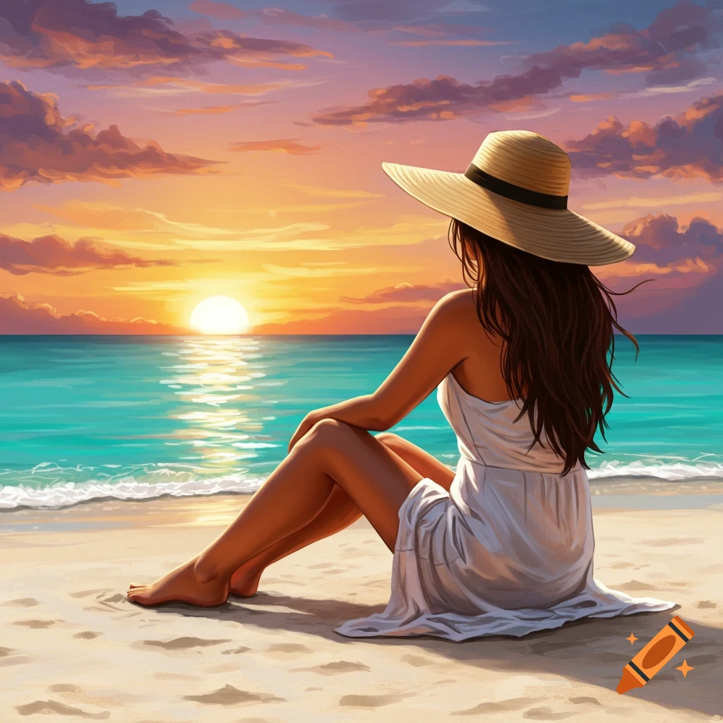 A woman in a hat sits on a beach, watching the sunset.