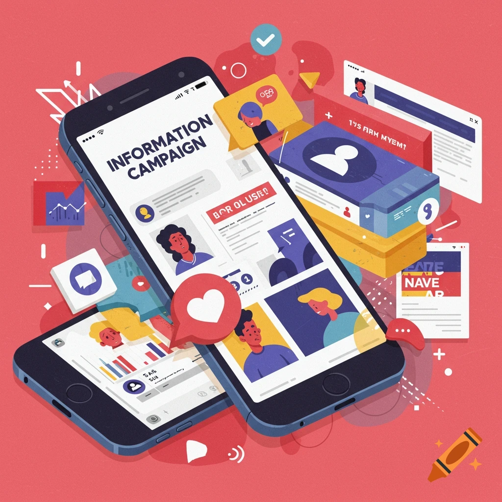 Smartphones displaying social media interfaces, charts, and profile icons surrounded by abstract symbols.