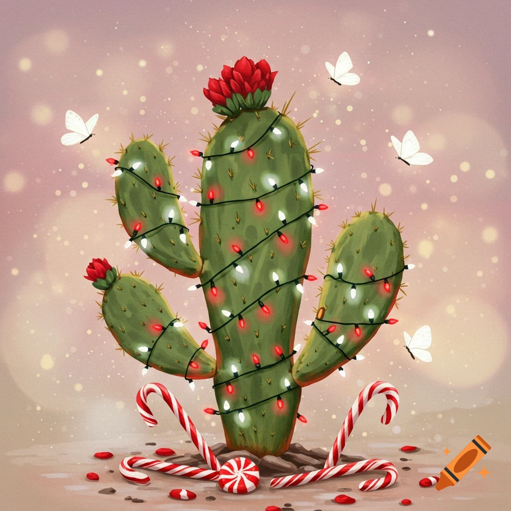 A Christmas cactus decorated with lights and candy canes, with white butterflies.