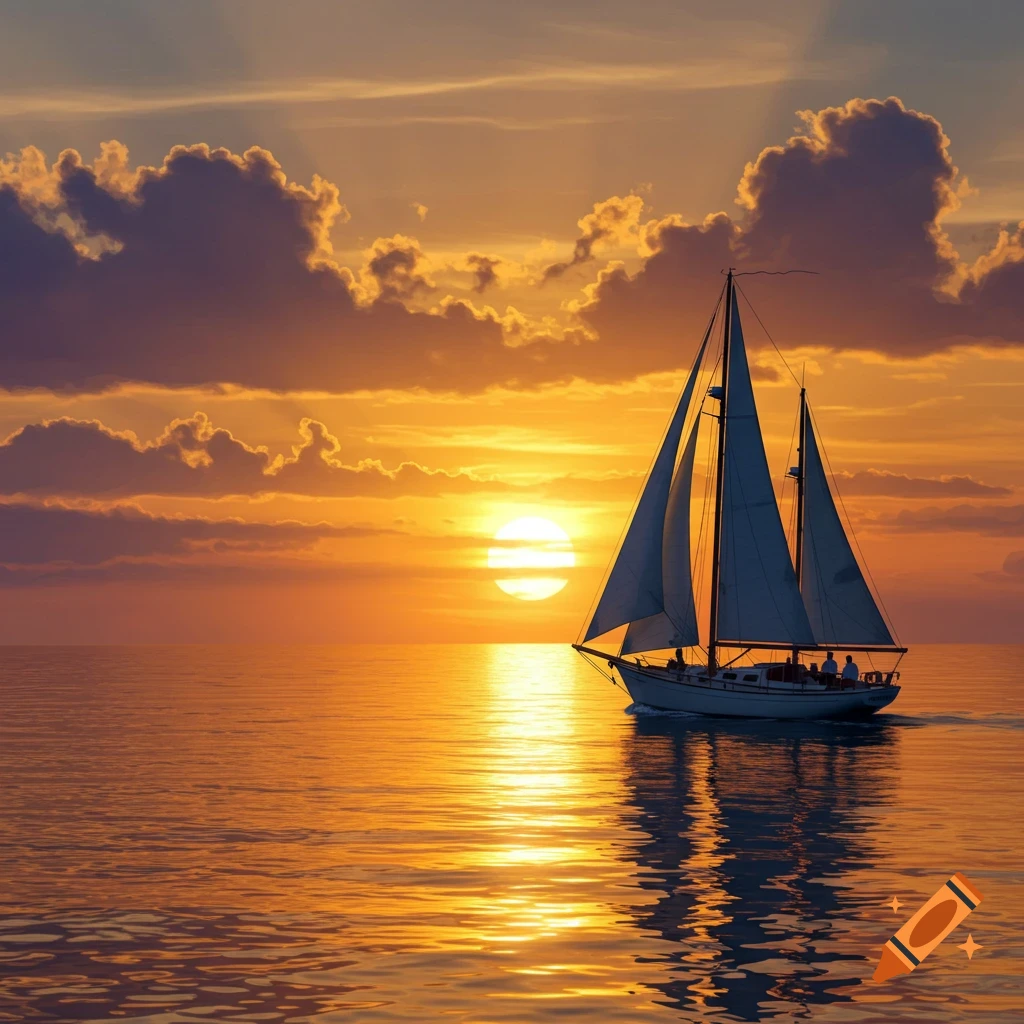 A sailboat sailing on the water at sunset