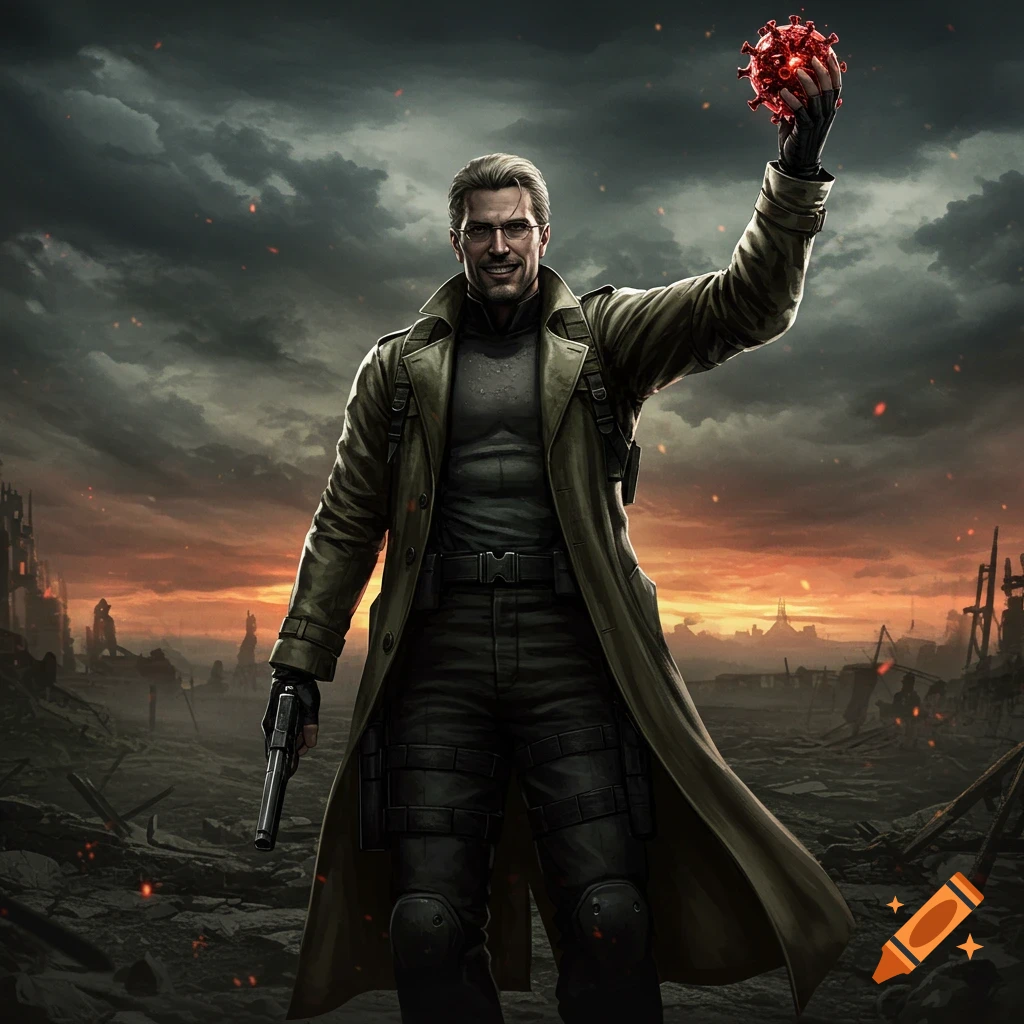 Man in trench coat holds up a glowing red object in a ruined city.