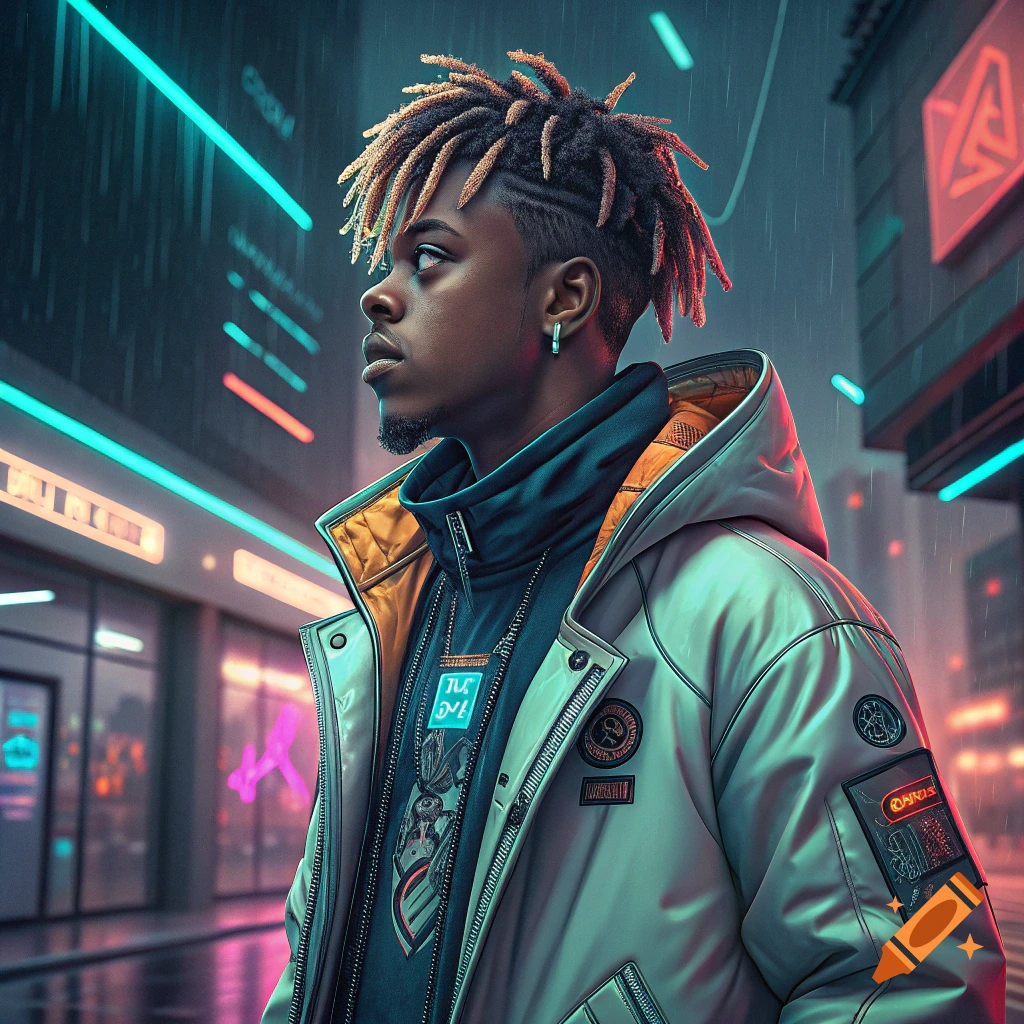 Portrait of a person with dreadlocks wearing a jacket in a rainy cyberpunk city with neon lights.