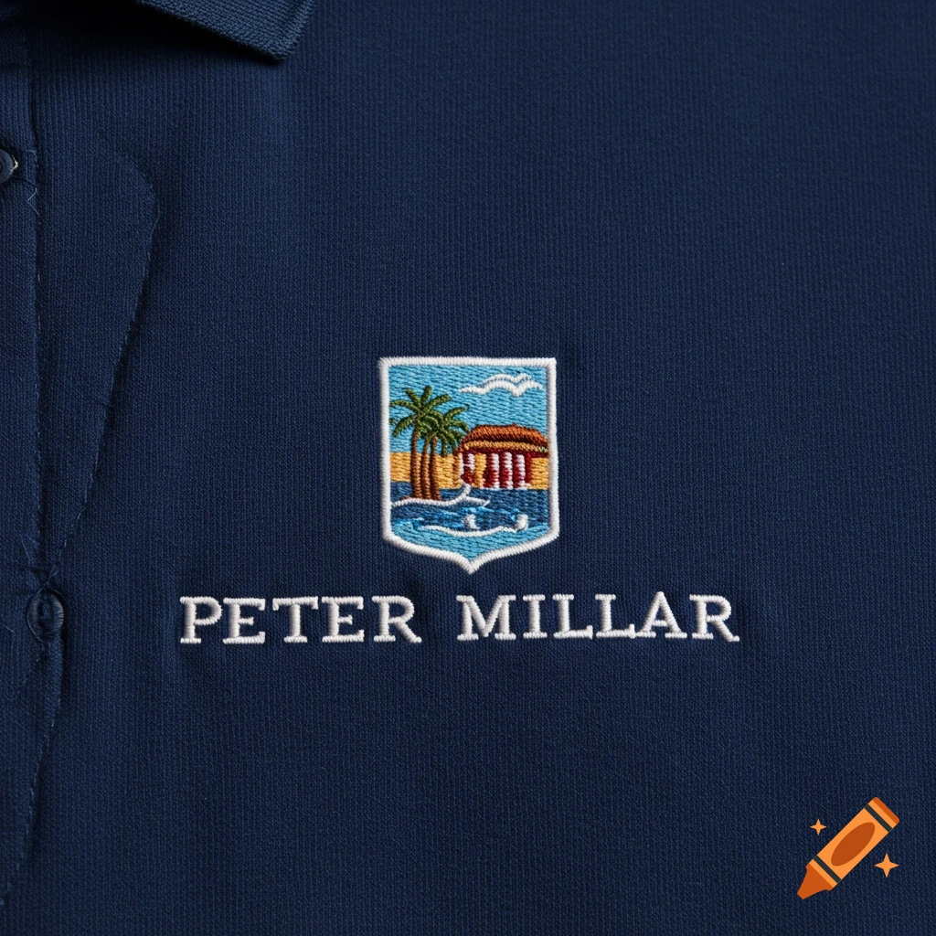 Close-up of an embroidered logo and text on a navy blue polo shirt. The logo depicts a beach scene with palm trees and a building. The text says "PETER MILLAR".