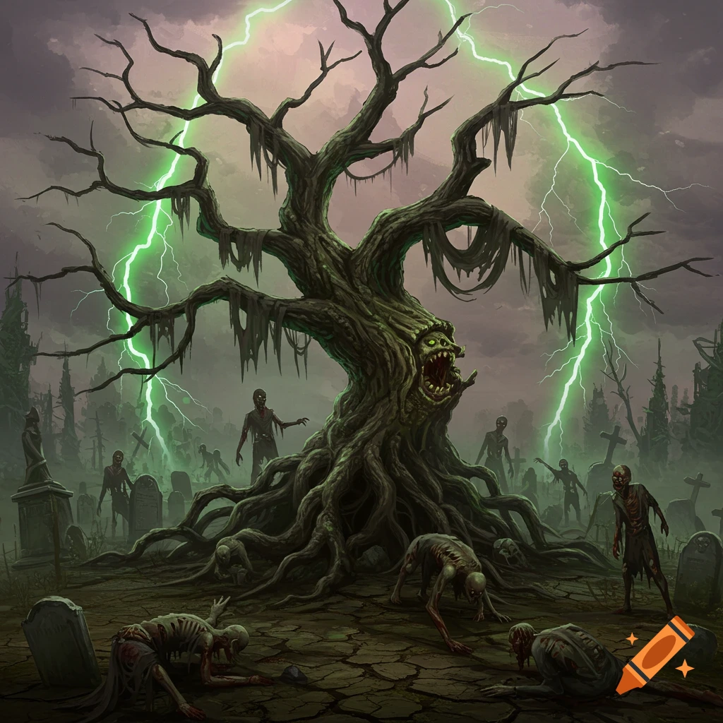A zombie graveyard scene with a large, gnarled tree and green lightning.