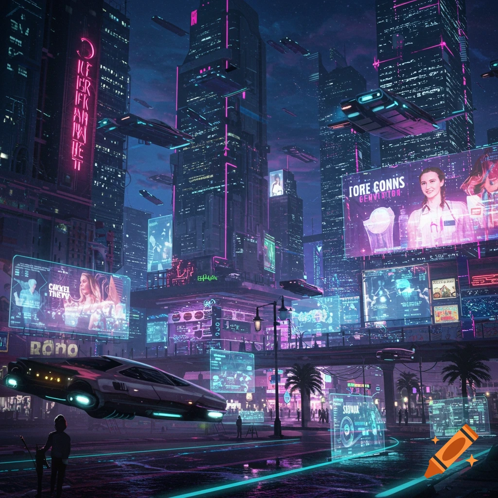 A futuristic city at night with flying cars and holographic billboards.