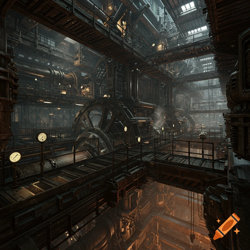 A vast, complex industrial machine interior with walkways, gears, pipes, and gauges in a dystopian style.