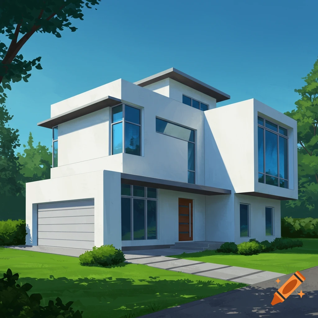 A modern white house with a garage and large windows, surrounded by grass and trees under a blue sky.