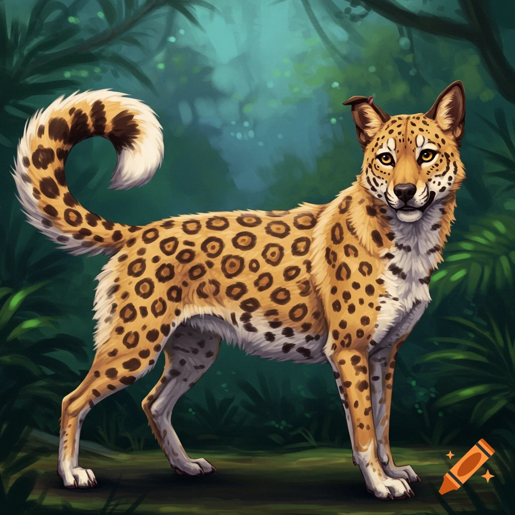 A spotted dog leopard mix standing in a jungle.