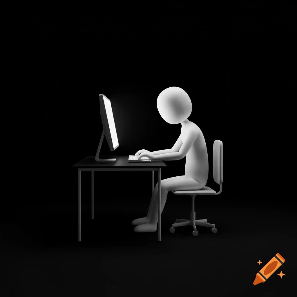 A minimalist white stick figure sits at a desk in the dark, lit by a glowing computer screen.
