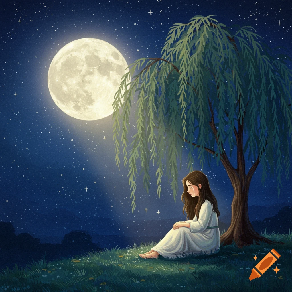 A girl sitting under a weeping willow tree in the moonlight.