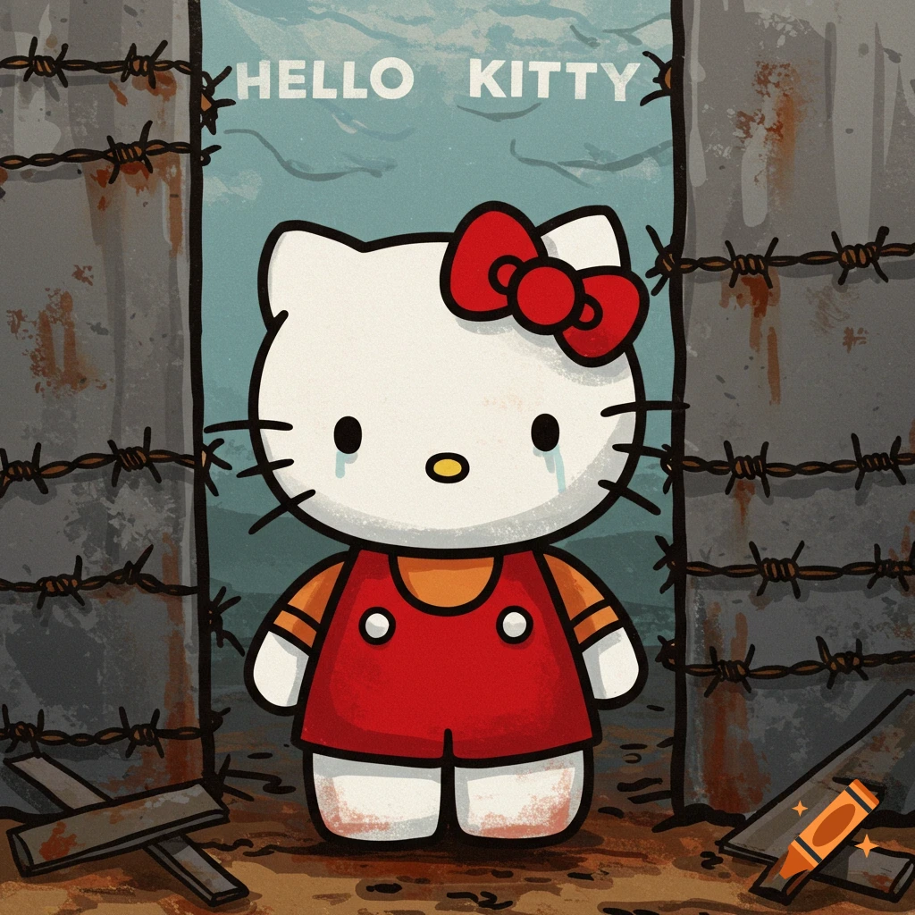 Digital illustration of Hello Kitty crying behind barbed wire.