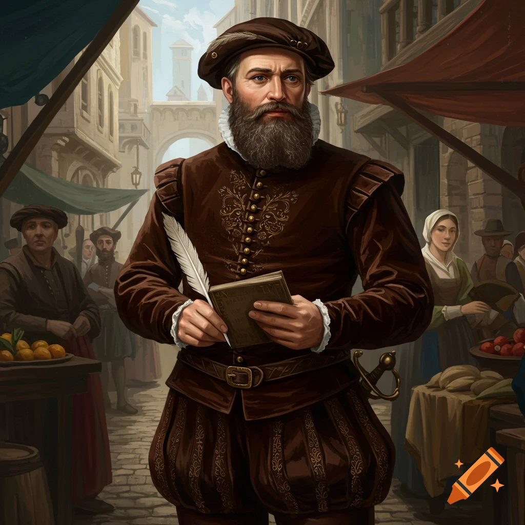 A bearded man in historical clothing holds a book and quill in a market.