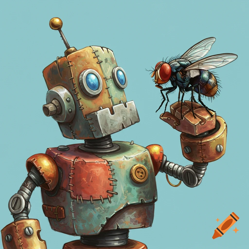 A rusty patchwork robot holding a large fly.